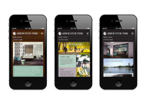 Three mobile phone screens showing the home page, rooms page and locations page of the Arbor Hotel website