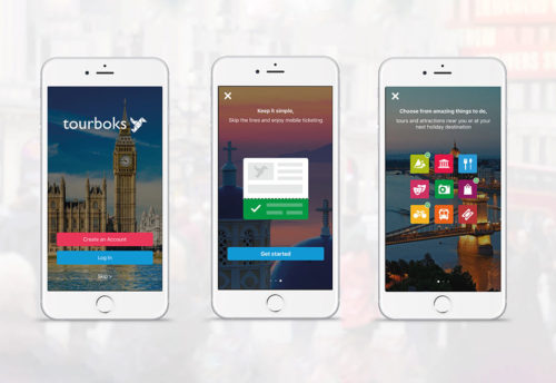 Three iphones featuring the sign in journey for Tourboks