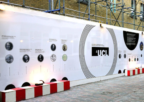 A white and black hoarding for Chenies mews showing a timeline of history with images and text.